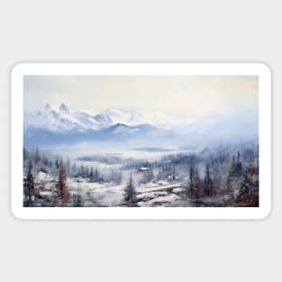 Painting of Tranquil winter forest at the foot of mighty mountains for your Airbnb, hotel, motel or home Sticker